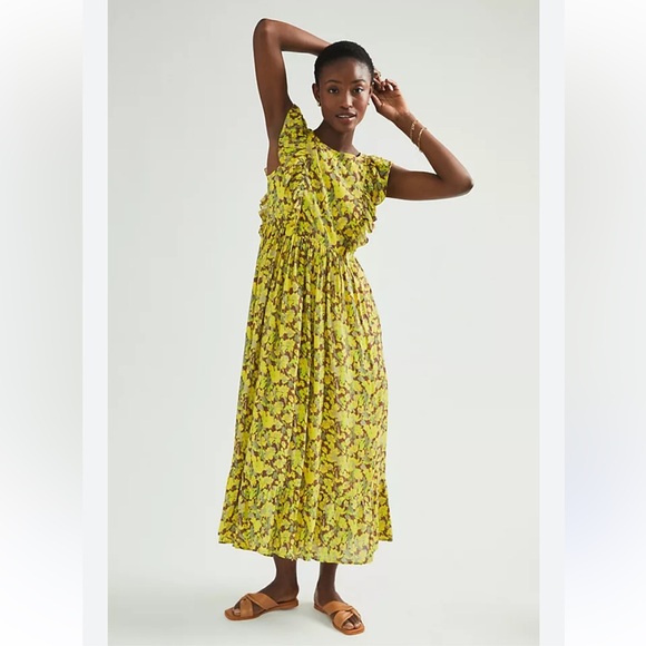 Anthropologie Ranna Gill Women’s S Yellow Floral Ruffle Lenore Maxi Dress - Picture 2 of 13